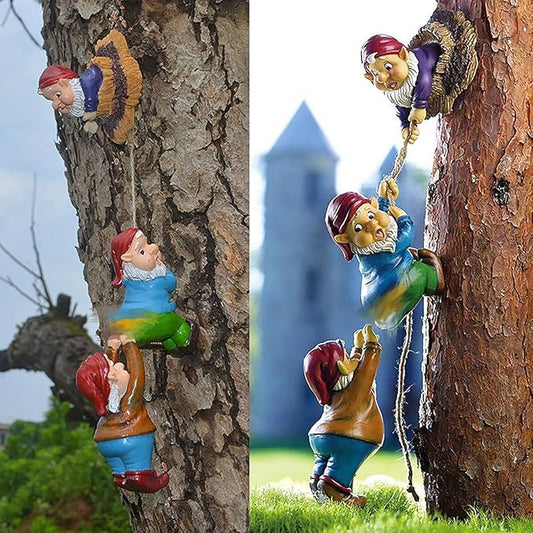 Teaeeno Gnome Climbing Tree and Tree Stump Decor,Garden Gnome Statue Set,Vivid Fairy Gnome Outdoor Sculpture,Whimsical Gnomes Miniature Figurines,Micro Gnome Landscape Figurine for Lawn Balcony Patio