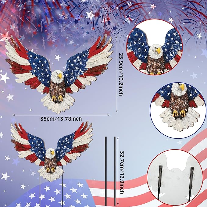 Amyhill 4th of July Outdoor Decor Patriotic Eagle Metal Garden Stakes Decorative Red White Blue Star Yard Signs with Stakes for Independence Day Memorial Day Garden Lawn Decorations