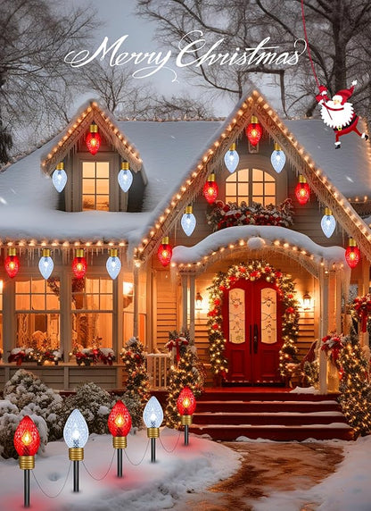 Moonflor Strawberry Jumbo C9 Christmas Pathway Lights Outdoor - 8.5FT 5 LED C9 Walkway Light, Christma Decoration Outside, Christmas Lights Outdoor for Lawn Holiday Yard, Red & Pure White