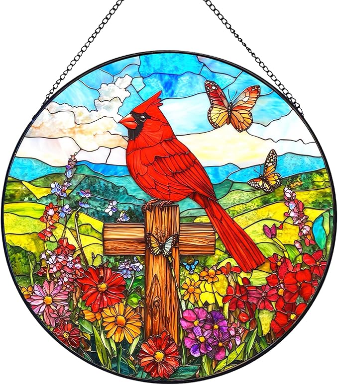 Cross Flower Suncatcher Stained Glass Window Hanging, Christian Wildflower Sunset Landscape Sun Catchers Indoor Window Glass Round Wall Decor, Religious Wall Art Hanging Decorations Statues