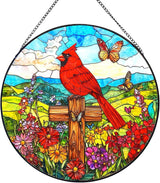 Cross Flower Suncatcher Stained Glass Window Hanging, Christian Wildflower Sunset Landscape Sun Catchers Indoor Window Glass Round Wall Decor, Religious Wall Art Hanging Decorations Statues