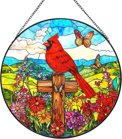 Cross Flower Suncatcher Stained Glass Window Hanging, Christian Wildflower Sunset Landscape Sun Catchers Indoor Window Glass Round Wall Decor, Religious Wall Art Hanging Decorations Statues