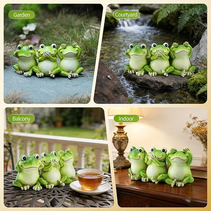 3 Frog Figurines - 7.9 Inch Funny Resin Frogs, Hear No Evil See No Evil Speak No Evil Statue, Whimsical Indoor/Outdoor Decor for Garden, Desk & Yard