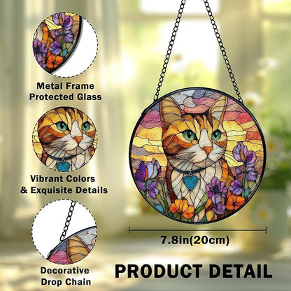 Cat Flower Suncatcher Stained Glass Window Hanging, Orange Cat Sun Catchers Indoor Window Glass Wall Art Decor, Kitten Floral Wall Hanging Decor Decorations, 7.9x7.9 Inch