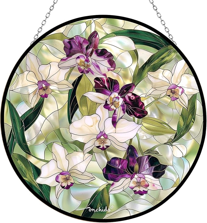 Orchids Suncatcher Stained Glass Window Hangings for Women Mom Red Birds Sun Catchers Colorful Ornament Lovers Gift Gifts for Women Mom Wife