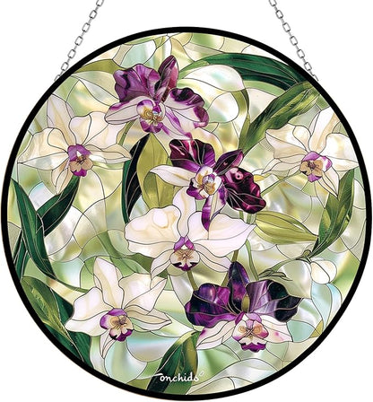 Orchids Suncatcher Stained Glass Window Hangings for Women Mom Red Birds Sun Catchers Colorful Ornament Lovers Gift Gifts for Women Mom Wife