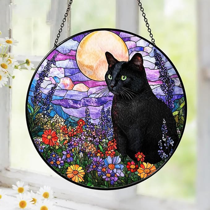 Black Cat Stained Glass Suncatcher – Cat Wild Floral Window Hanging Decor, Cats Memorial Gifts, Pet Loss Sympathy Gift for Pet Lovers, Home & Garden Decoration, Birthday, Christmas, Mother's Day