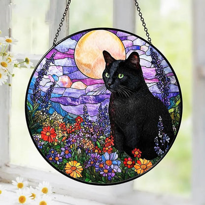 Black Cat Stained Glass Suncatcher – Cat Wild Floral Window Hanging Decor, Cats Memorial Gifts, Pet Loss Sympathy Gift for Pet Lovers, Home & Garden Decoration, Birthday, Christmas, Mother's Day