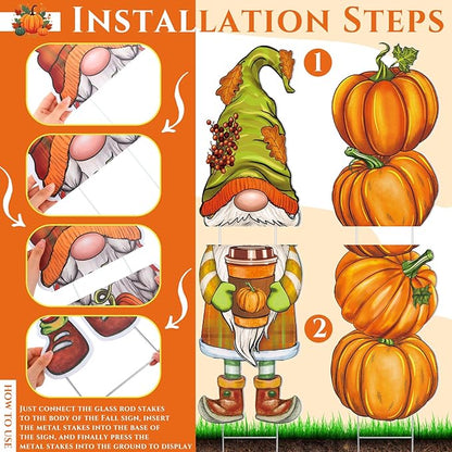 Umigy 3 Pcs Thanksgiving Gnome Yard Decor Cute Fall Autumn Gnome Yard Sign with Stakes 32 x 10 Inch Outdoor Lawn Decor, Outside Thanksgiving Garden Decoration for Home Pathway Walkway