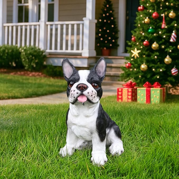 Adorable Black & White French Bulldog Sculpture with Solar Lantern & Double-Sided 'On Patrol' and 'Welcome' Signposts – Fun Outdoor Resin Statue for Garden, Yard, and Patio Décor