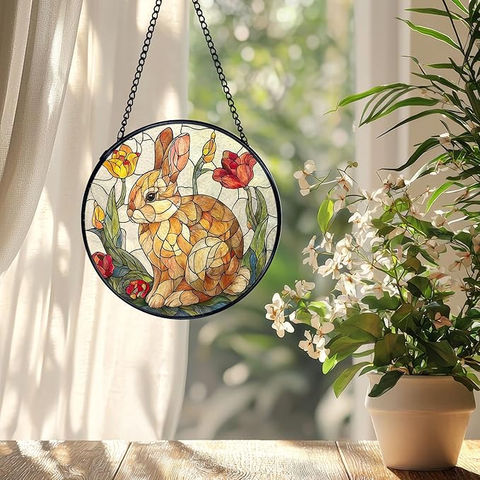 Easter Bunny Flower Suncatcher Stained Glass Window Hanging, Rabbit Floral Sun Catchers Indoor Window Glass Wall Art Decor, Easter Bunny Wall Hanging Decor Decorations, 7.9x7.9 Inch
