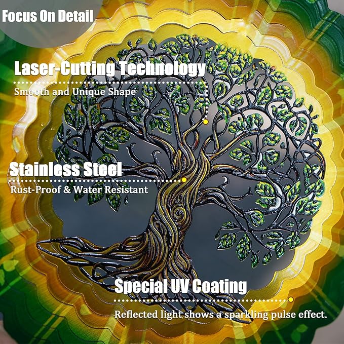 Wind Chimes with Tree of Life 3D display Wind Spinner for Outside Garden Patio Yard Decor, Metal Decorative Windchime Outdoor Hanging Gift for Mom Women Grandma Wife, for Christmas, Birthday