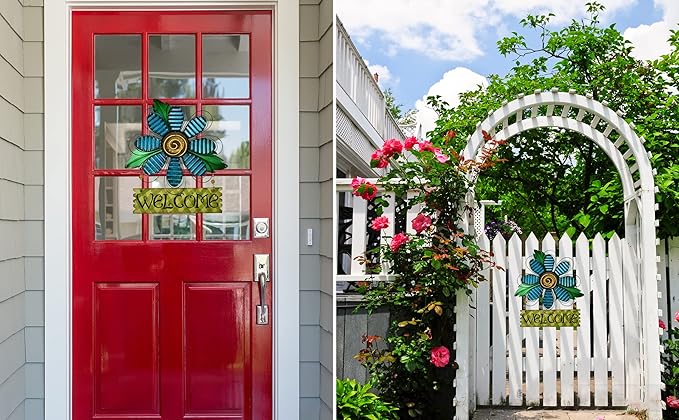 Metal Welcome Sign Daisy Hanging Signs for Front Door - Indoor Outdoor Door Decor Wall Art Flower Decoration Decorative Ornament Wreath for Home Garden Patio (Blue)