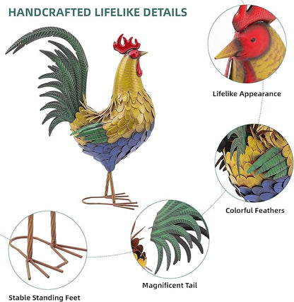 32" Metal Rooster Decor, Large Outdoor Garden Statues, Metal Chicken Sculpture for Backyard Patio Kitchen Decor