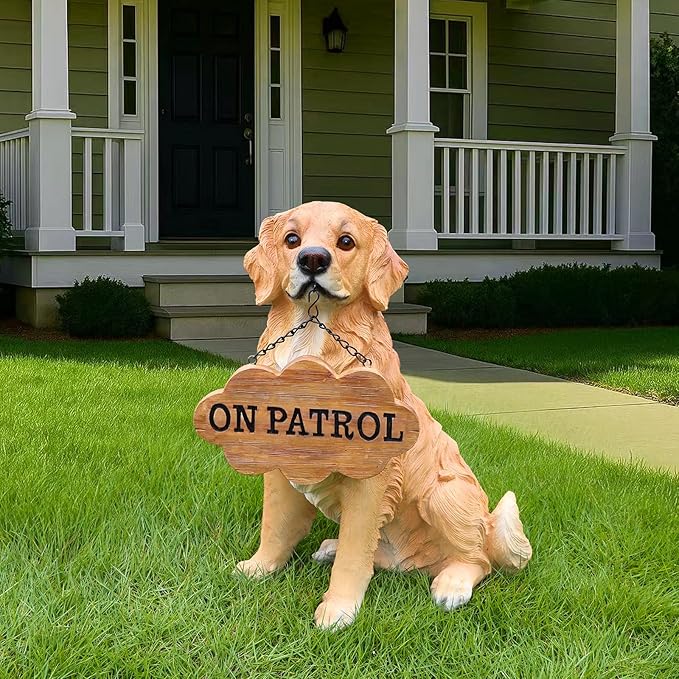 Golden Retriever Garden Statue with Solar Lantern & Welcome Sign, 15.7" Large Realistic Dog Sculpture Outdoor Decor for Patio Yard Lawn Porch, Pet Memorial Figurine Gift for Dog Lovers, 5.7lbs