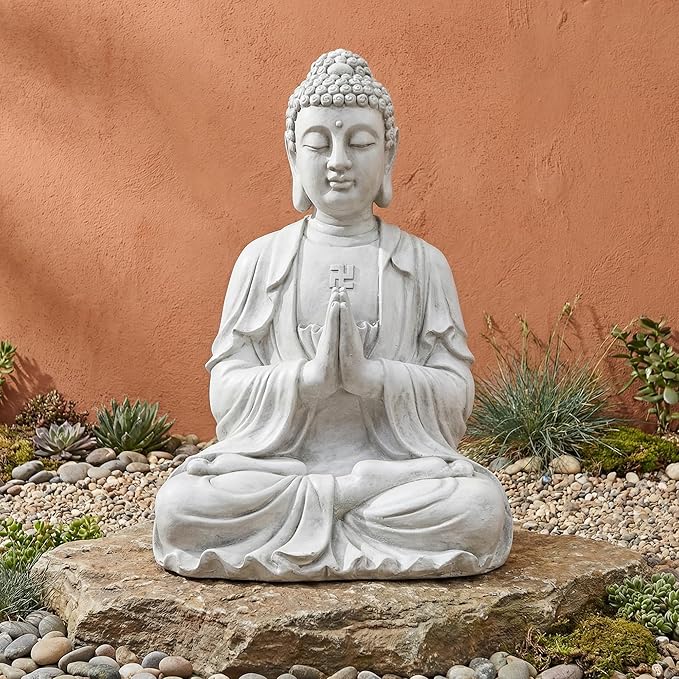 Sculptures Buddha Statue, Garden Statues 23.6 Inch Tall, Large Magnesium Oxide Praying Buddha Sculpture Indoor & Outdoor, Spiritual Statue for Home Decor Yard Porch Patio, White