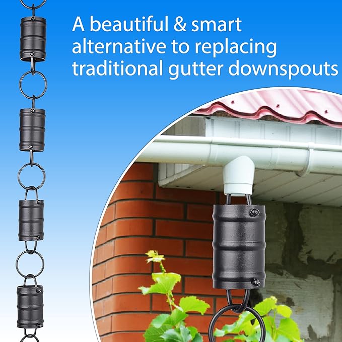 RainChains Pacific Tri-Stripe Rain Chain 8.5ft Black Aluminum Rain Chains for Gutters Decorative Gutter Chain Downspout.