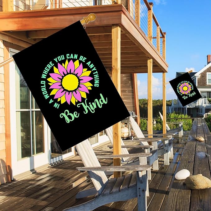 Mugod Be Kind Sunflower House Flag 28x40 Inch, Inspirational Kindness Floral Quote Design, Double Sided Burlap Yard Flag, Farmhouse Outdoor Porch Garden Decor