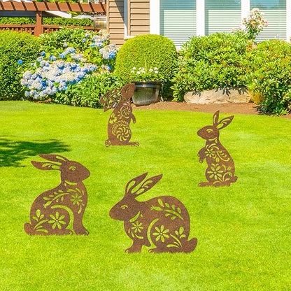 4 Pcs Metal Rabbits Garden Statues, Metal Rusty Yard Art Animals Garden Stakes Rabbit Silhouette,Rabbits Yard Art, Flowerbed Decoration, Outdoor Decor