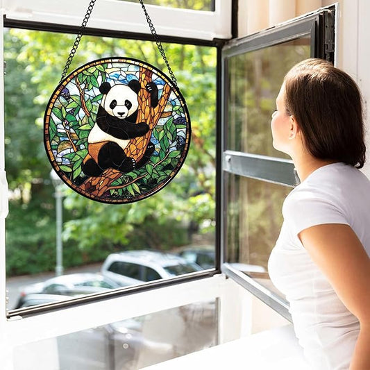 Stained Glass Window Hanging - Cute Panda Suncatcher for Doors Garden Patio Sun Catchers Decor Christmas Mother's Day Birthday Teenager Gifts for Women Men Mom Nana Friend 9.8 in