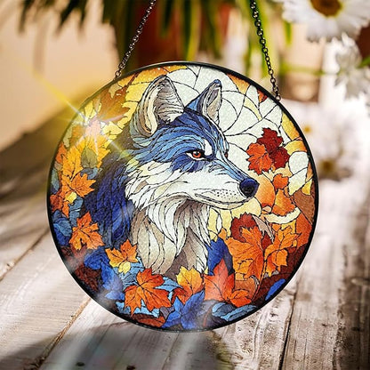 Bimkole Wolf Stained Glass Suncatcher Window Hanging - Animals Design for Indoor Window or Doorway Decoration - 7.87x7.87 inch with Chain and Hook - Unique Home Decor Gift