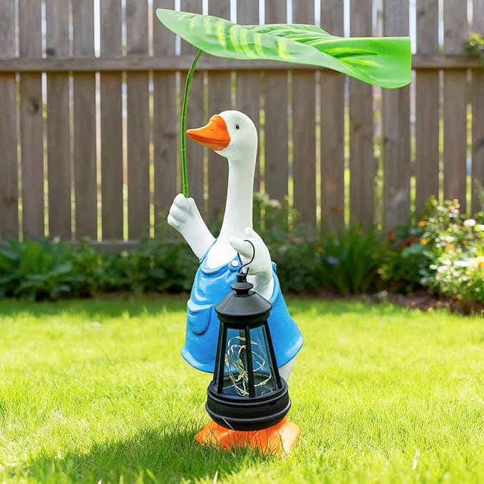 Goose Garden Statues Porch Goose Statue Holding Leaf with Solar Lantern Front Porch Yard Lawn Spring Outdoor Decorations Duck Easter Christmas Birthday Gifts for Mom Women
