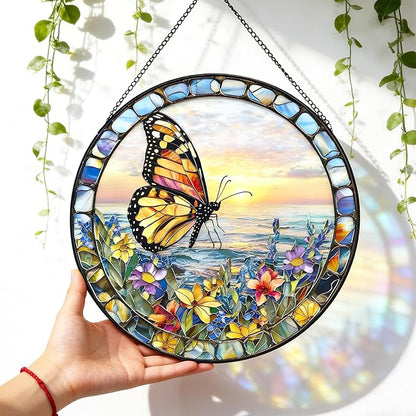 7.87" Butterfly Stained Glass Window Hanging, Sun Catcher with Metal Chain and Hook, Butterfly Ornaments Gifts for Women Men, Christmas Home Decorations Floral Themed Housewarming Gifts