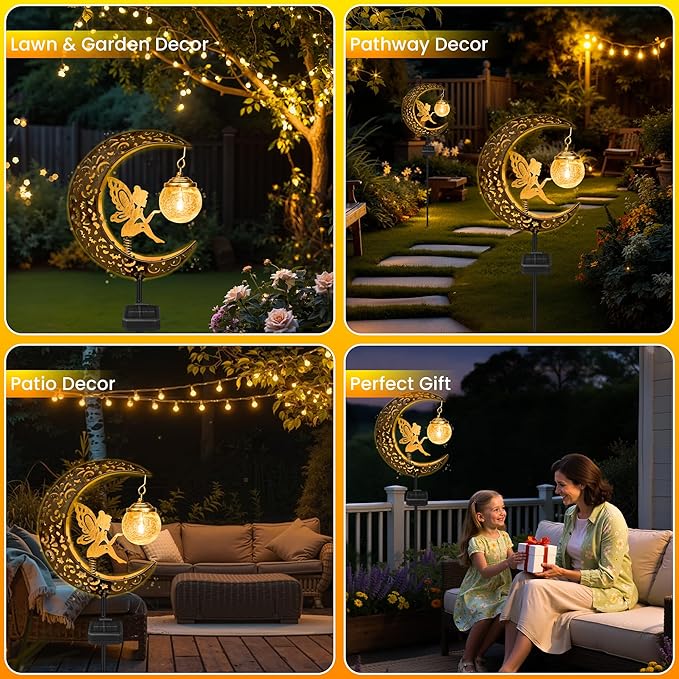 Solar Garden Statues Outdoor Decor, Fairy Moon Figurine Light Stake, Housewarming Ornament for Patio, Lawn, Yard, Pathway - Unique Gift Ideas for Gardening Mom Grandma