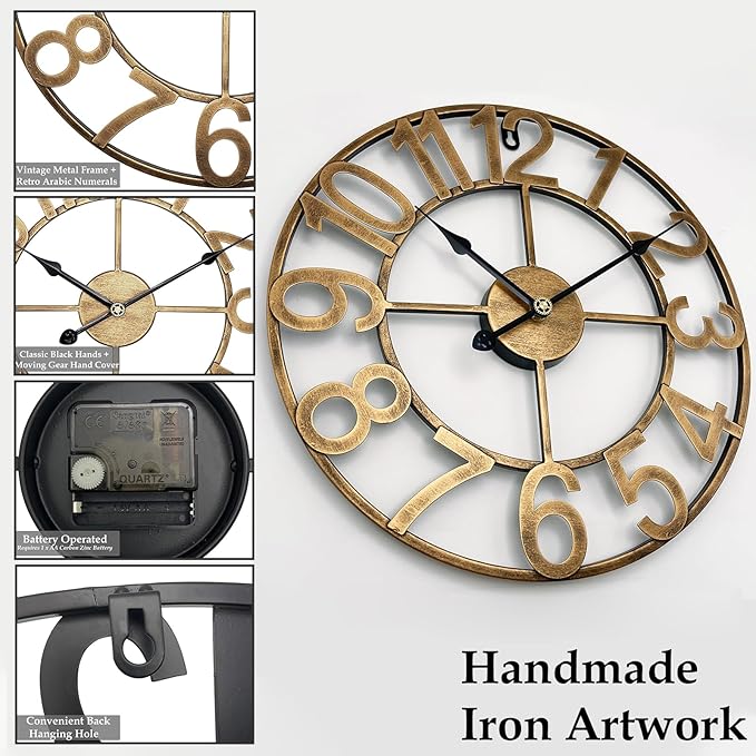 Large Outdoor Clock, 16 Inch Kitchen Wall Clock Silent Non-Ticking Battery, Retro Vintage Gold Metal Decorative Clock for Outdoor Patio, Farmhouse, Living Room, Office