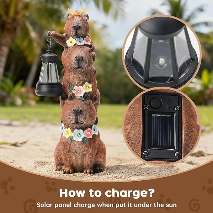 Capybara Solar Garden Statue, Outdoor Capybara Statue with Flower Decoration & Lantern Light, Funny Triple Capybara Decor for Women, Capybara Figurine for Yard Garden Patio Lawn Ornaments