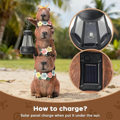 Capybara Solar Garden Statue, Outdoor Capybara Statue with Flower Decoration & Lantern Light, Funny Triple Capybara Decor for Women, Capybara Figurine for Yard Garden Patio Lawn Ornaments