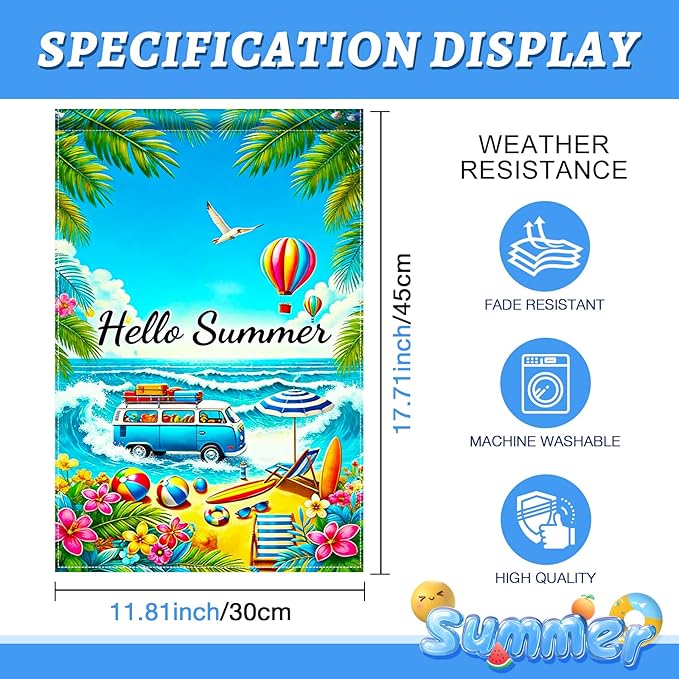 BlissYard Hello Summer Beach Garden Flag 12x18 Double Sided Vertical Outdoor Decor Van Surf Ocean Tropical Yard Garden Lawn Banner Coastal Seasonal Display
