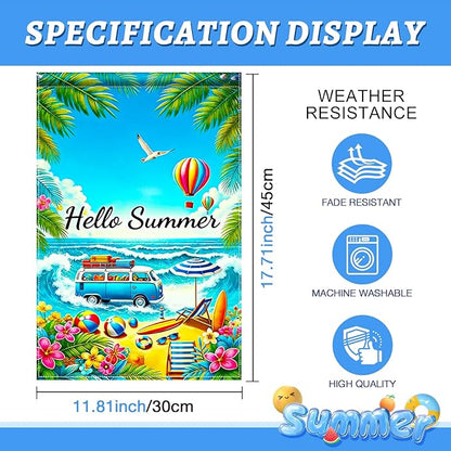 BlissYard Hello Summer Beach Garden Flag 12x18 Double Sided Vertical Outdoor Decor Van Surf Ocean Tropical Yard Garden Lawn Banner Coastal Seasonal Display