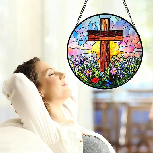 Christian Gifts for Women - Cross Stained Glass Window Hanging Jesus Easter Colorful Wildflowers Sun Catcher Garden Religion Decor Mother's Day Catholic Gift for Men Grandma Mom Her 7.8"
