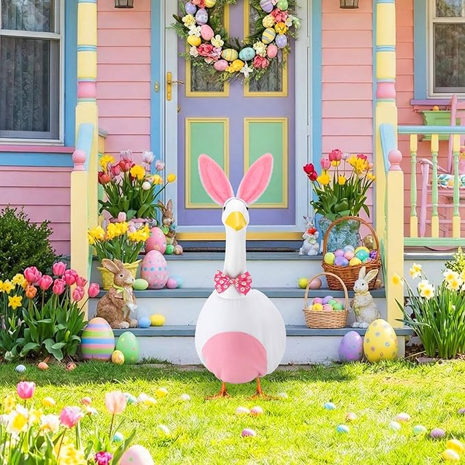Abbylike 1 Set Easter Bunny Porch Goose Outfits Easter Yard Goose Clothes Costume with Bunny Ears Headband Fits Large 23'' Cement for Spring Outdoor Garden Yard Patio Statue Pathway Art Decorations