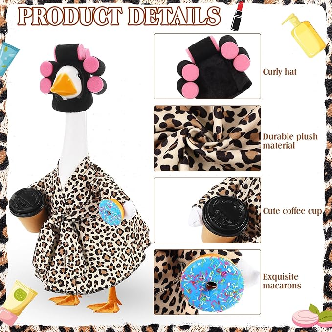 Shyyween Lady Porch Goose Outfit for 23'' Cement Plastic Lawn Goose Statue Clothes Bathrobe Coffee Cup Curlers for Outdoor Garden Yard Patio Decoration(Leopard Print Color)