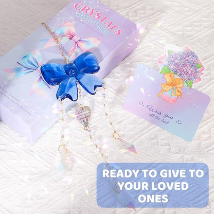 Crystal Sun Catchers Indoor Window,Bow Decor Sun Catcher for Sister Gifts with 3 Chains,Prism Rainbow Crystal Suncatcher for Hangings College Dorm Rooms Home Decoration Blue