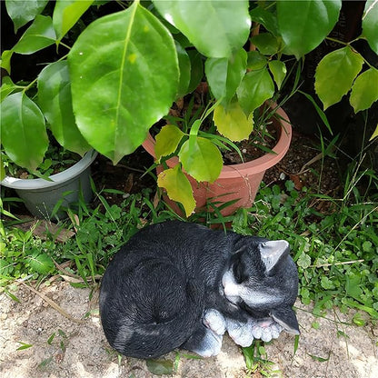 Realistic Cat Garden Outdoor Statue, Sleeping Kitten Figurines Sculpture Decoration for Patio, Yard, Porch Lawn Ornament, Office Home Art Décor Cat Memorial Stone (Black)