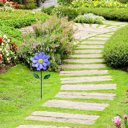 Metal Sunflower Wind Spinner,45 in Double Layer Sun Flower Windmill with Green Leaves and Stake,360° Rotating Sunflower Decor Wind Pinwheel Sculpture for Garden Yard Patio Lawn Decor (Blue)