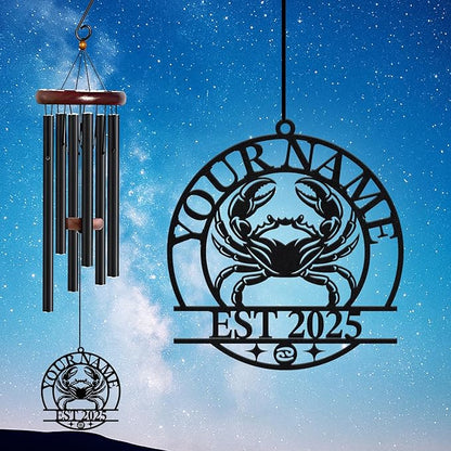 Personalized Customize Name 12 Zodiac Signs Wind Chime, Metal Iron 37 Inch Outdoor Memorial Gift for Garden Yard Patio Home Decor, Black (Cancer)