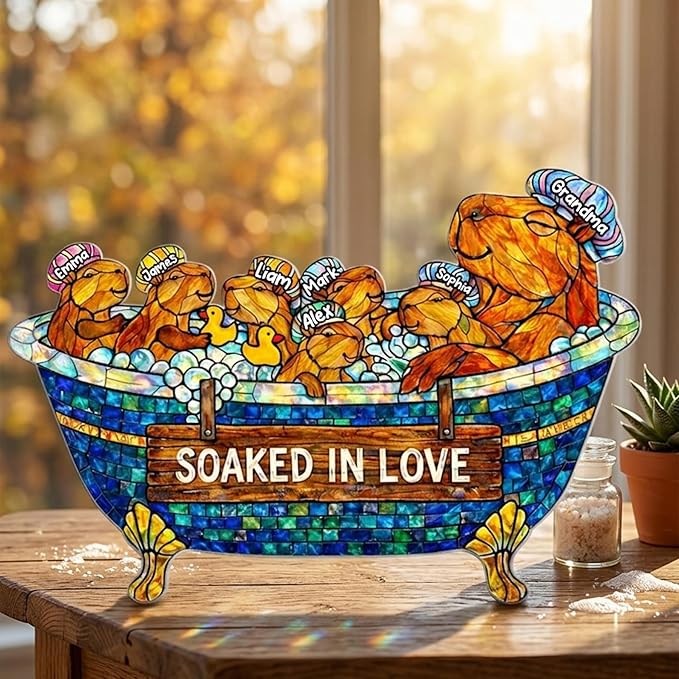 Personalized Grandma Otter Stained Glass Suncatcher, Custom Grandkids Names Window Hanging, Soaked in Love Bathtub Ornament, Hanging Ornament Home Decor, Gift for Mother’s Day