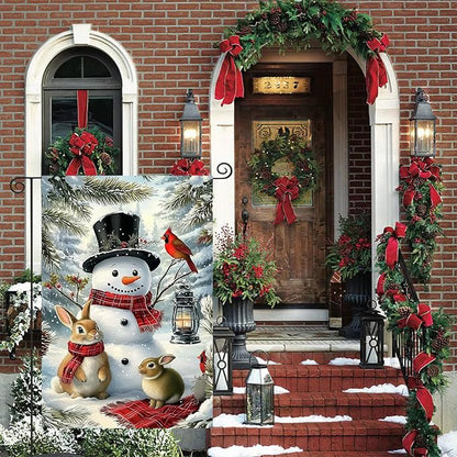 Winter Garden Flags 12x18 Double Sided, Small Burlap Outdoor Holiday Farmhouse Rustic Snowman Bunny Xmas Garden Flag Christmas Decorations Yard Lawn Porch Flags for Outside Decor
