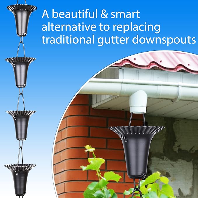RainChains Pacific Fluted Cup Rain Chain 8.5ft Black Aluminum Rain Catcher Chain Decorative Rain Chains for Gutters.