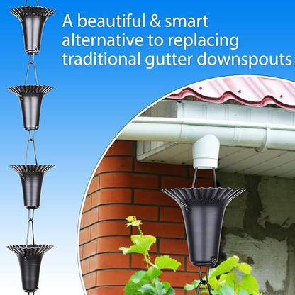 RainChains Pacific Fluted Cup Rain Chain 8.5ft Black Aluminum Rain Catcher Chain Decorative Rain Chains for Gutters.
