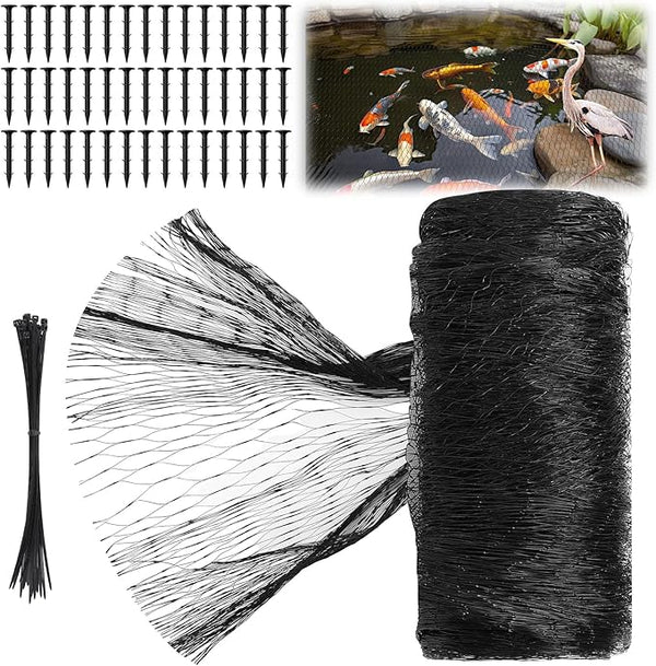Koi Pond Netting Kit 30 x 53ft, Bird Deer Fence Netting, Durable Net Cover for Leaves, Heavy Duty Fine Mesh, Protect Fish from Blue Heron Birds, Cats & Predators, 45pcs Stakes & Ties Included