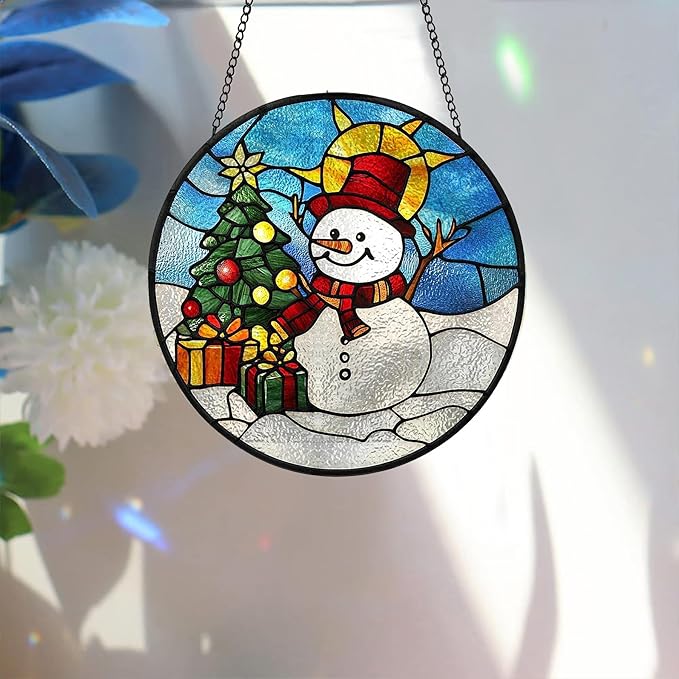 Bimkole Snowman Stained Glass Suncatcher Window Hanging - Christmas Tree Indoor Window or Doorway Decoration - Handmade Sun Catcher Decor for Garden Home Christmas & Birthday Gifts 7.87x7.87 Inch