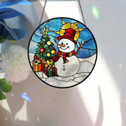 Bimkole Snowman Stained Glass Suncatcher Window Hanging - Christmas Tree Indoor Window or Doorway Decoration - Handmade Sun Catcher Decor for Garden Home Christmas & Birthday Gifts 7.87x7.87 Inch
