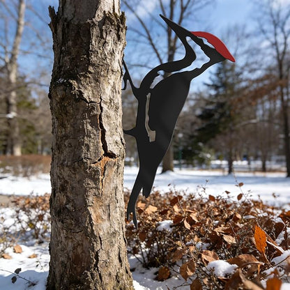 Woodpecker Metal Yard Decor, Red Head Bird Tree Branch Decoration - Rustic Metal Yard Art for Garden, Fence & Outdoor Decoration
