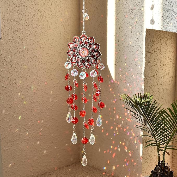 Crystal SunCatcher for Window, Sun Catchers with Crystals, Hanging Crystals Rainbow Maker, Wind Chime, Hanging Crystal for Decoration (Red)