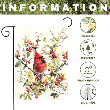 Red Cardinal Bird Garden Flag Spring Summer Floral Yard Flags for Outdoor Lawn Porch Patio Decoration Memorial Birds Lover Gift Butterfly Watercolor Wild Bird House Banner Decor 12x18 Inch
